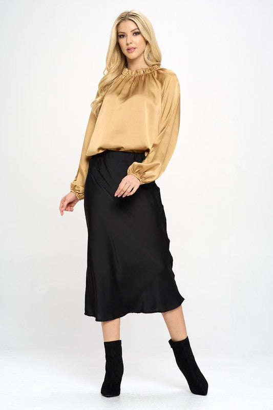 Solid Satin Ruffle Mock Neck Top