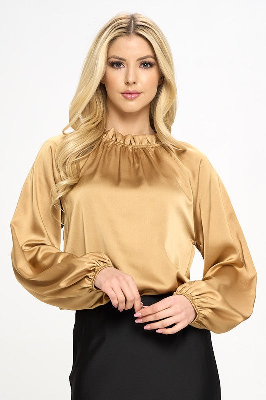 Solid Satin Ruffle Mock Neck Top