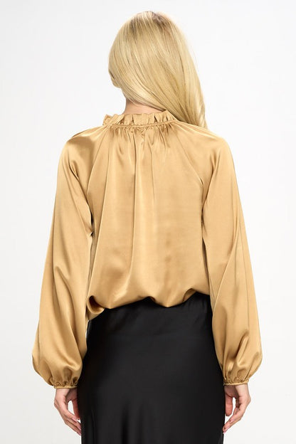 Solid Satin Ruffle Mock Neck Top