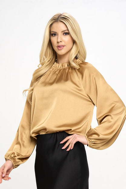 Solid Satin Ruffle Mock Neck Top