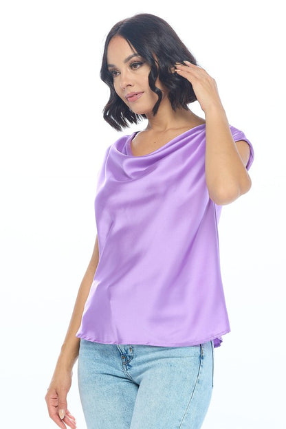 Solid Satin Top with Cowl Neck