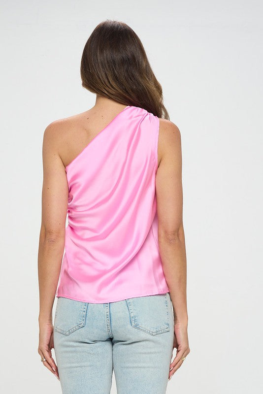 Silky Satin One Shoulder Ruched Top