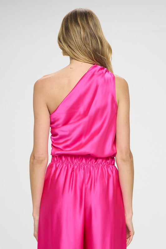 Silky Satin One Shoulder Ruched Top