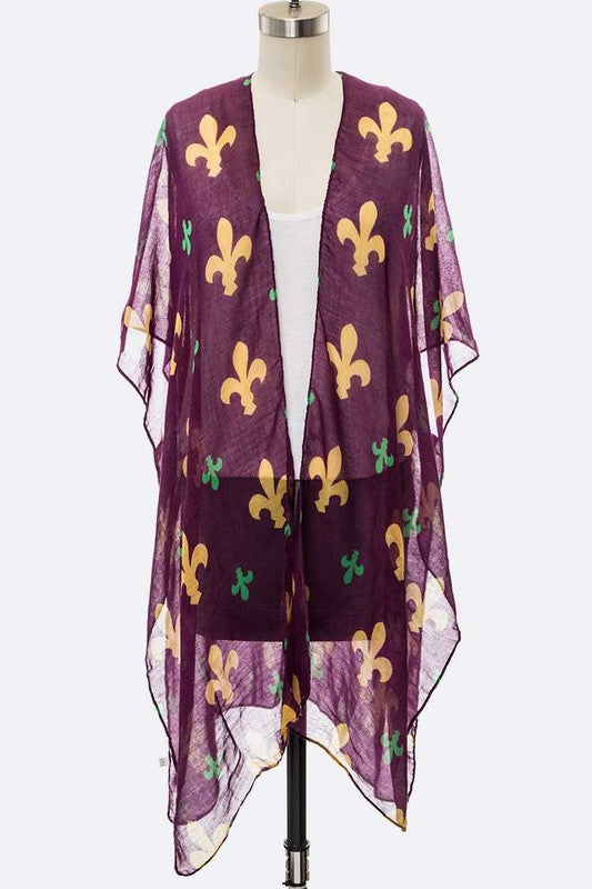 Fleur De Lis Mardi Gras Print Kimono Cardigan