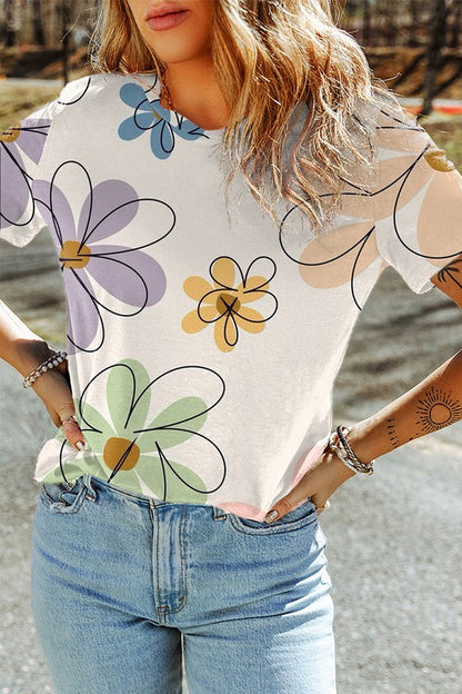 Women Flower Print Casual Round Neck T Shirt