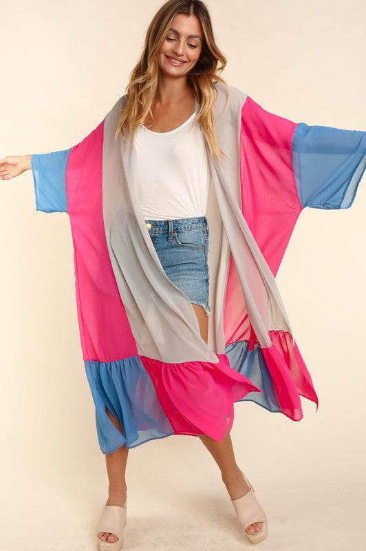 COLOR BLOCK KIMONO MAXI OPEN CARDIGAN - Southern Chic Magnolias, LLC