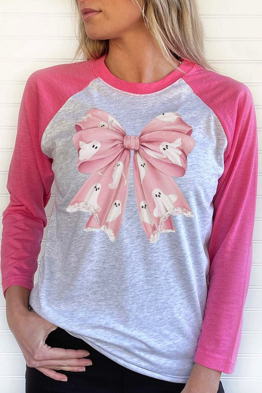 Halloween Pink Ghost Bow Graphic Raglan