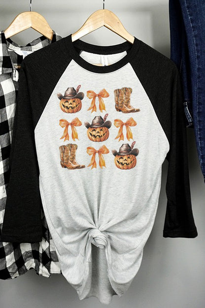 Halloween Cowboy Pumpkin Boots Bow Raglan