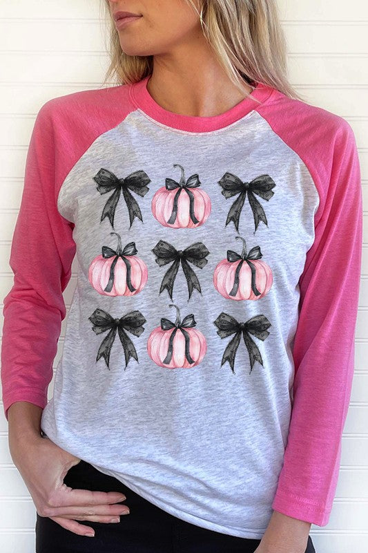 Halloween Pink Pumpkin Black Bow Raglan