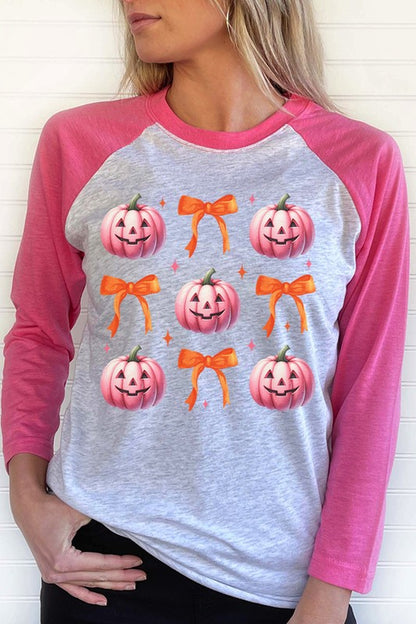 Halloween Pink Pumpkin Orange Bow Raglan