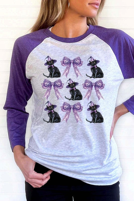 Halloween Black Cat Purple Bow Raglan