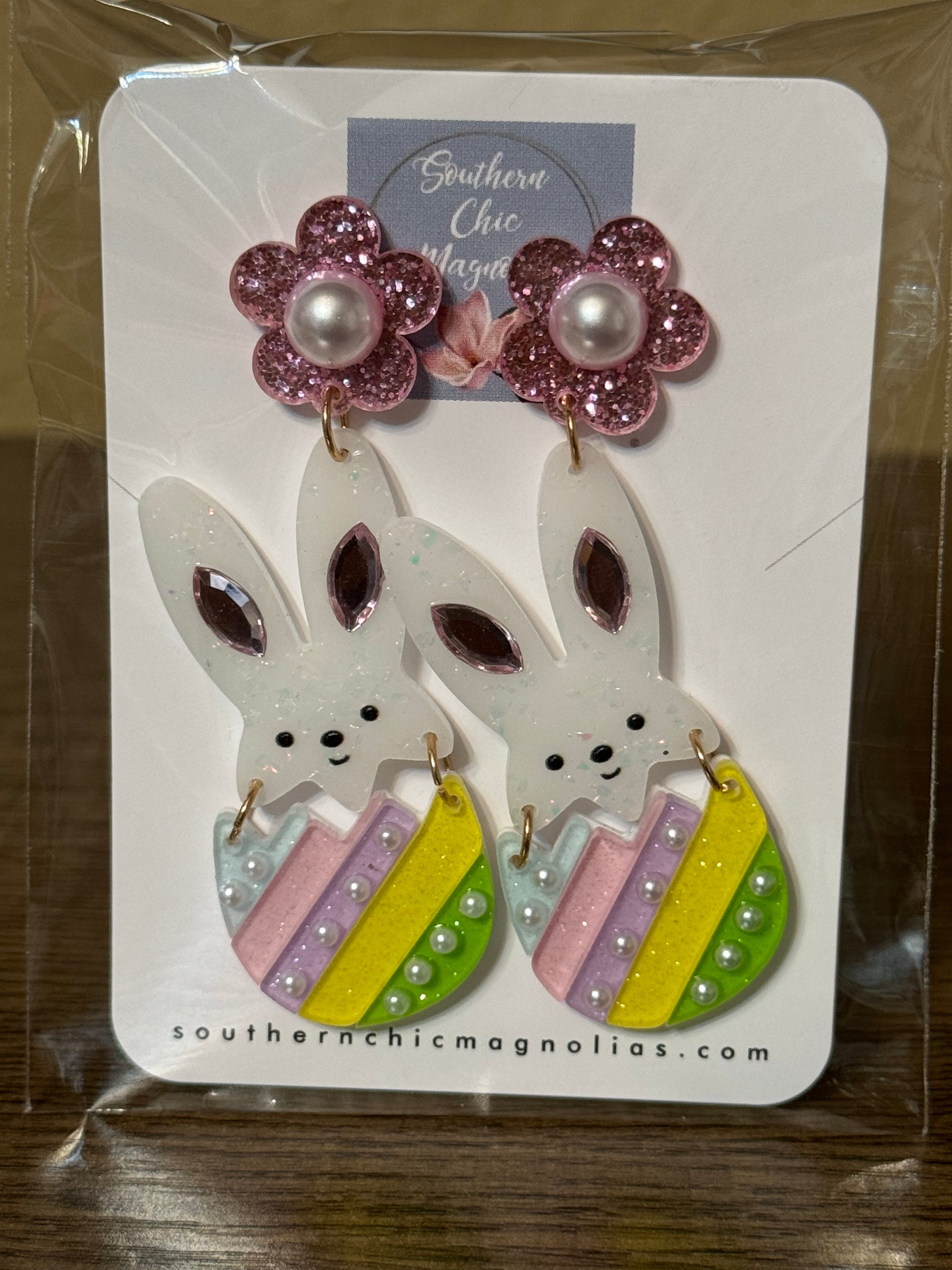 2-TIER FLORAL POST GLITTER & PEARL EASTER EARRINGS - Southern Chic Magnolias, LLC