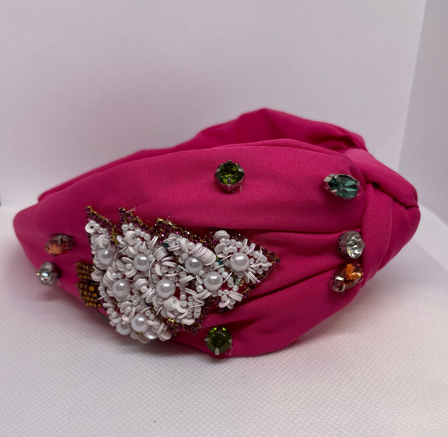 JEWELED CHRISTMAS TREE BEADED KNOTTED HEADBAND PINK - Southern Chic Magnolias, LLC