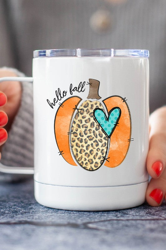 Hello Fall Leopard Pumpkin Coffee Travel Cup