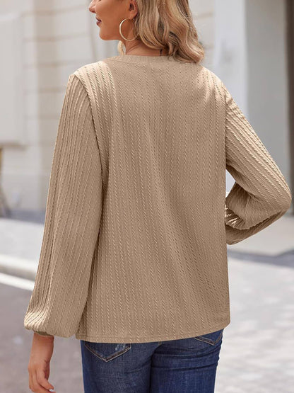 Solid Jacquard Long Sleeve V-Neck Top Beige - Southern Chic Magnolias, LLC