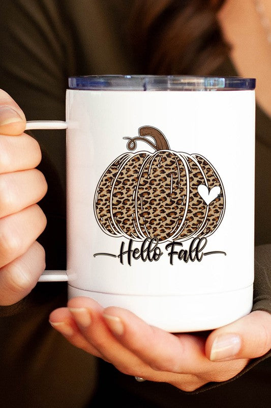 Hello Fall Leopard Pumpkin Travel Coffee Cup