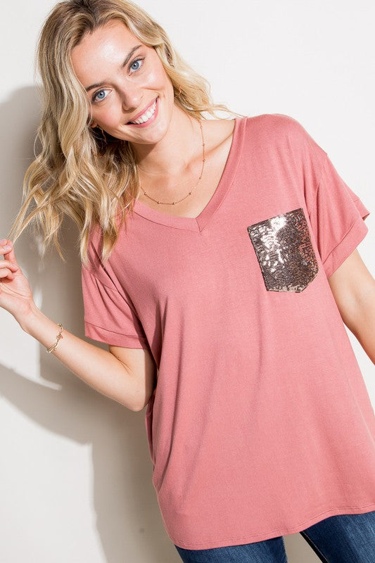 SOLID SEQUIN POCKET BOXY TOP - Southern Chic Magnolias, LLC