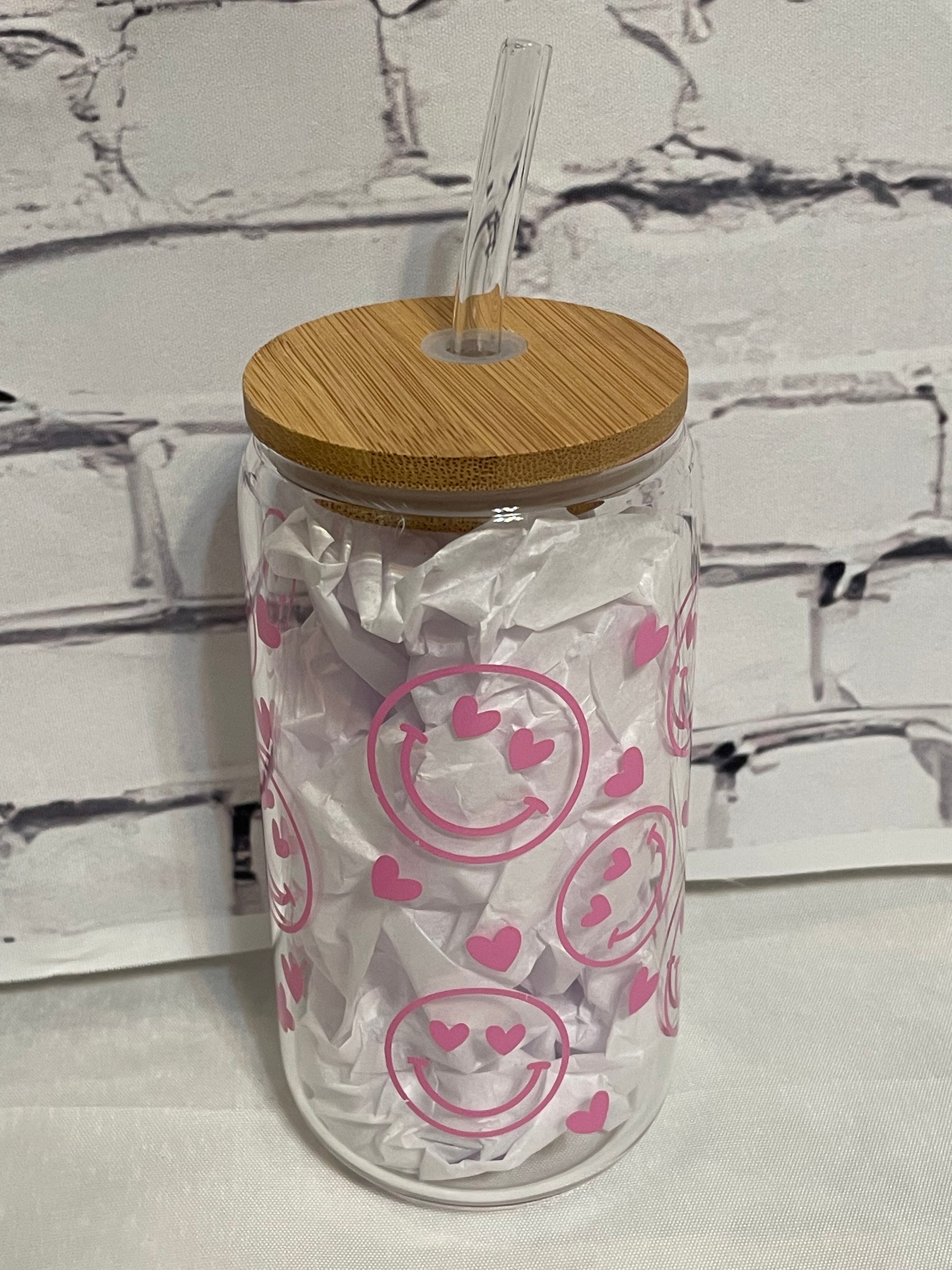 Smiley Face Drinking Glass With Lid & Straw - Southern Chic Magnolias, LLC