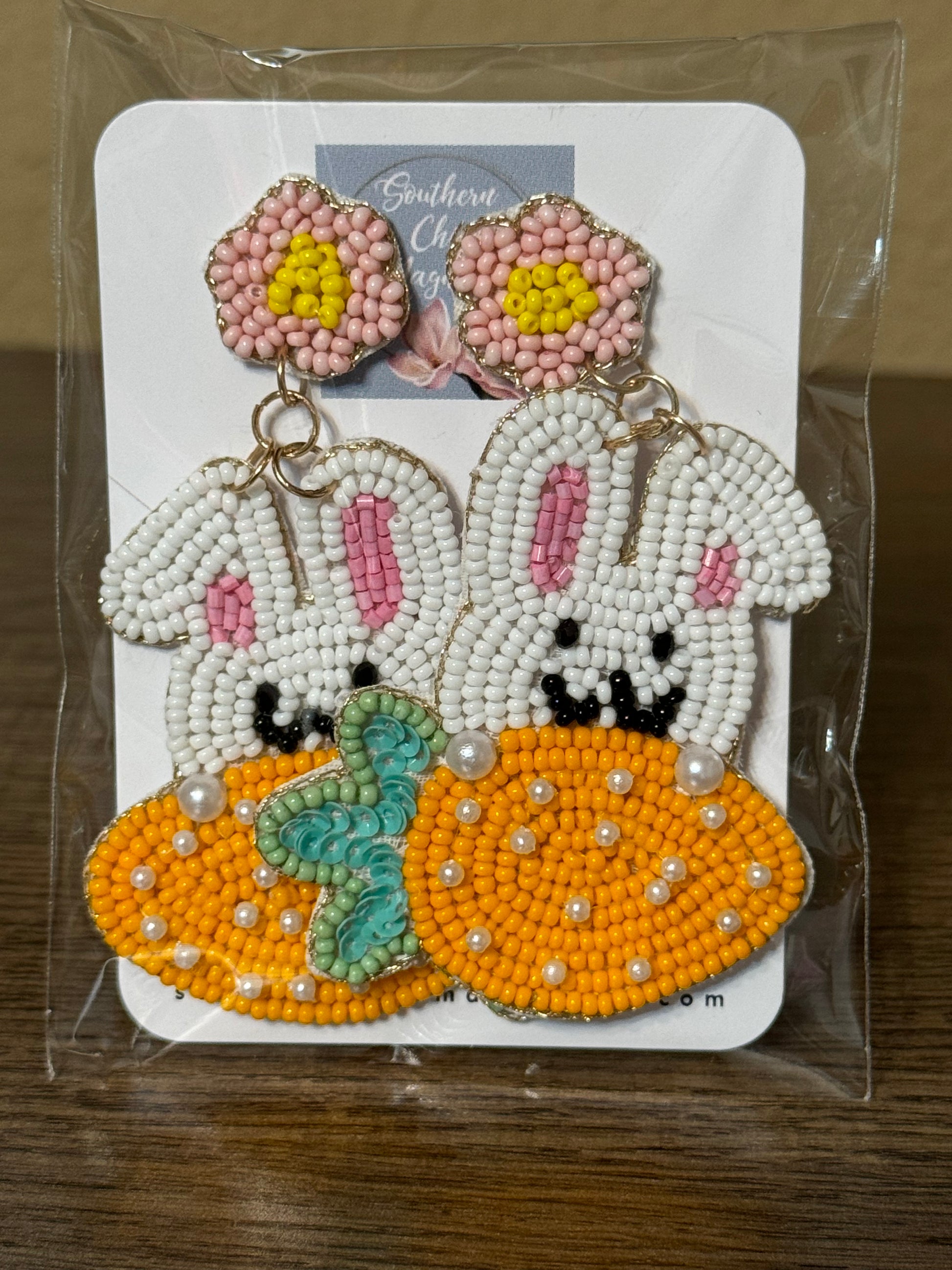 EASTER BUNNY WITH CARROT BEADED EARRINGS - Southern Chic Magnolias, LLC