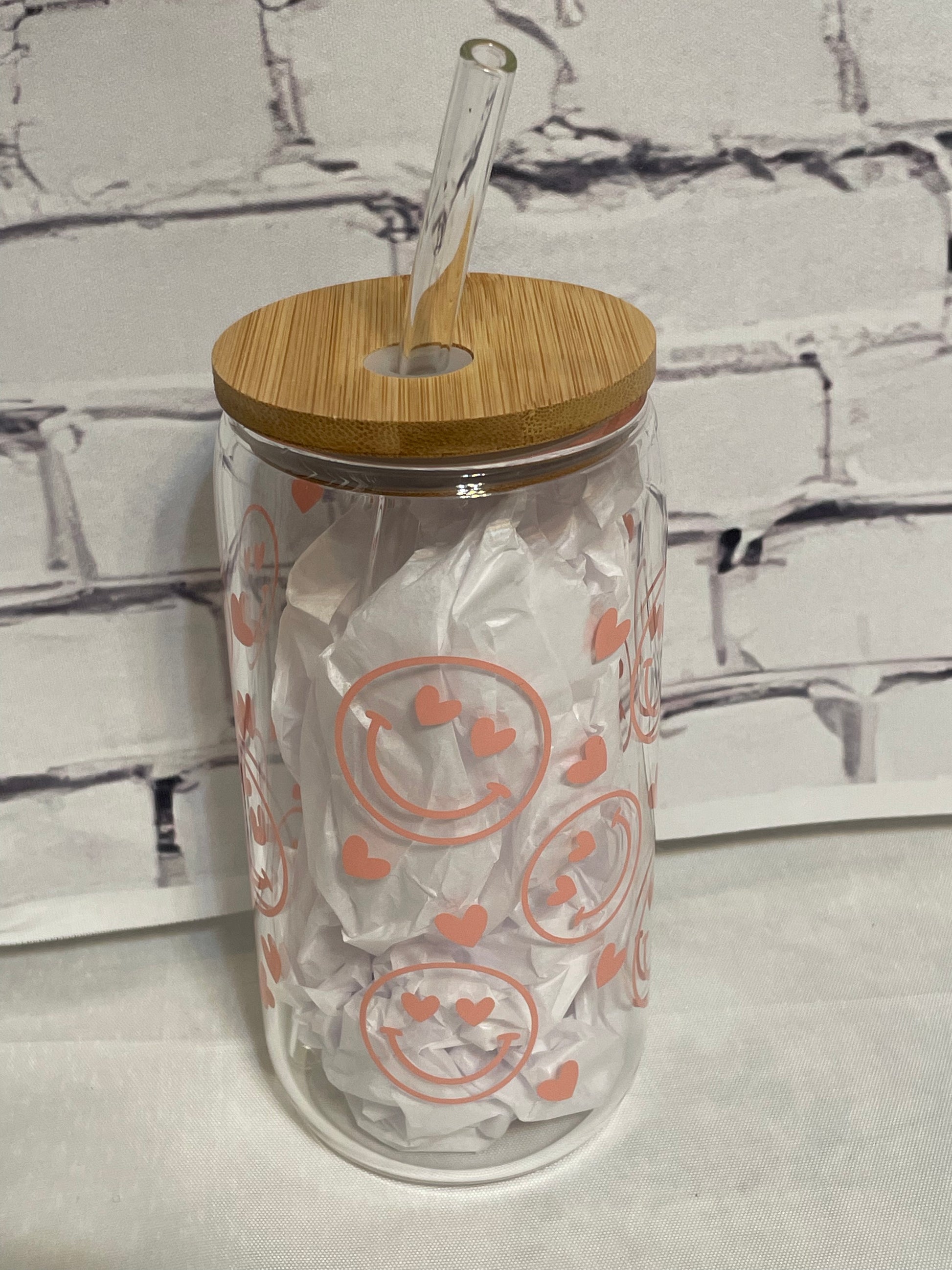 Smiley Face Drinking Glass With Lid & Straw - Southern Chic Magnolias, LLC