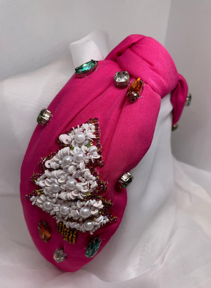 JEWELED CHRISTMAS TREE BEADED KNOTTED HEADBAND PINK - Southern Chic Magnolias, LLC