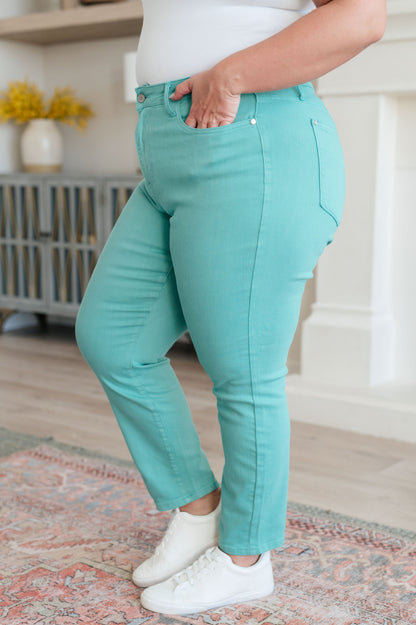 Bridgette High Rise Garment Dyed Slim Jeans in Aquamarine - Southern Chic Magnolias, LLC