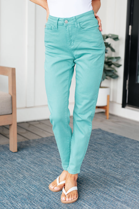 Bridgette High Rise Garment Dyed Slim Jeans in Aquamarine - Southern Chic Magnolias, LLC