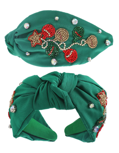 JEWELED CHRISTMAS ORNAMENT BEADED KNOTTED HEADBAND GREEN - Southern Chic Magnolias, LLC