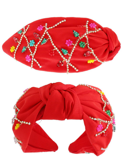 JEWELED CHRISTMAS LIGHTS BEADED KNOTTED HEADBAND RED - Southern Chic Magnolias, LLC