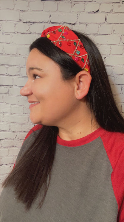 JEWELED CHRISTMAS LIGHTS BEADED KNOTTED HEADBAND RED - Southern Chic Magnolias, LLC