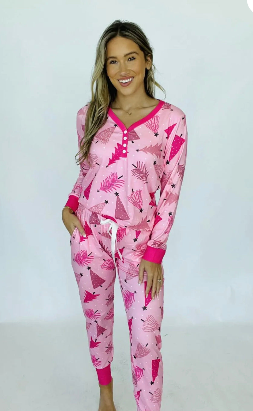 Shirley & Stone Pink Christmas Tree Jogger PJ Set - Southern Chic Magnolias, LLC