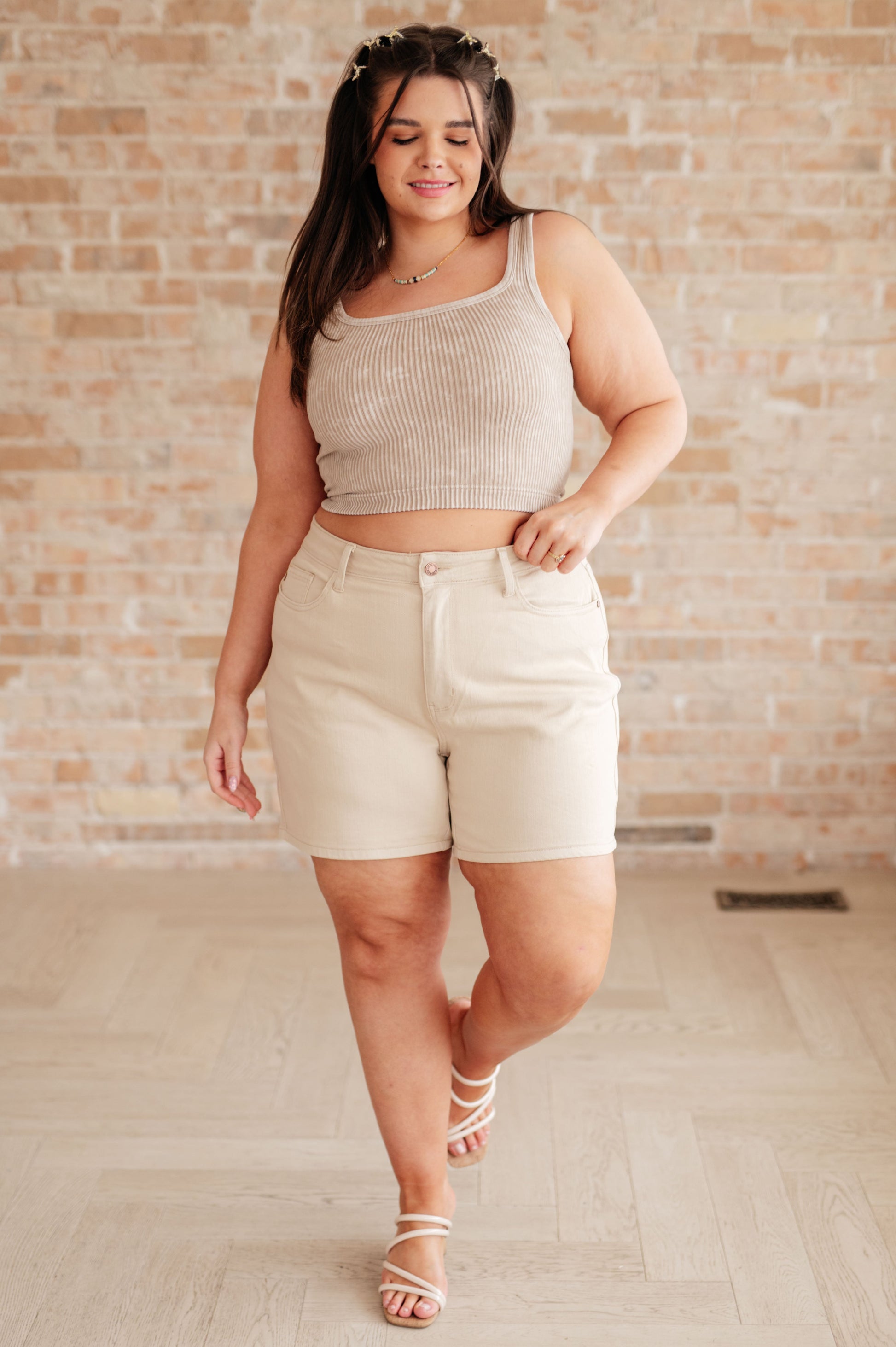 Greta High Rise Garment Dyed Shorts in Bone - Southern Chic Magnolias, LLC