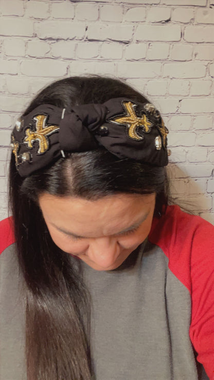 Black and Gold Fleur De Lis Knotted Headband - Southern Chic Magnolias, LLC