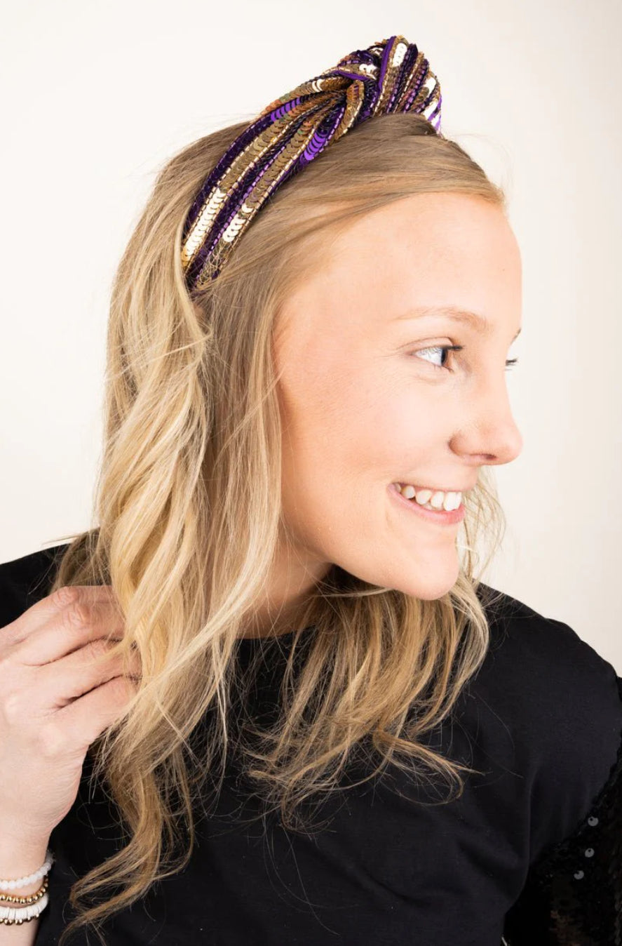 PURPLE AND GOLD SEQUIN AND SEED BEAD KNOTTED HEADBAND - Southern Chic Magnolias, LLC