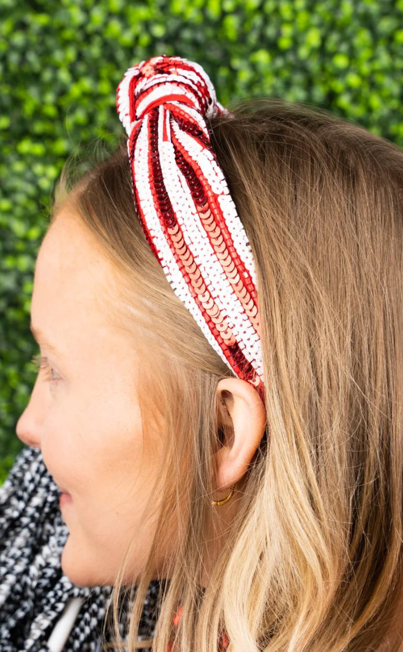 RED AND WHITE SEQUIN AND SEED BEAD KNOTTED HEADBAND - Southern Chic Magnolias, LLC