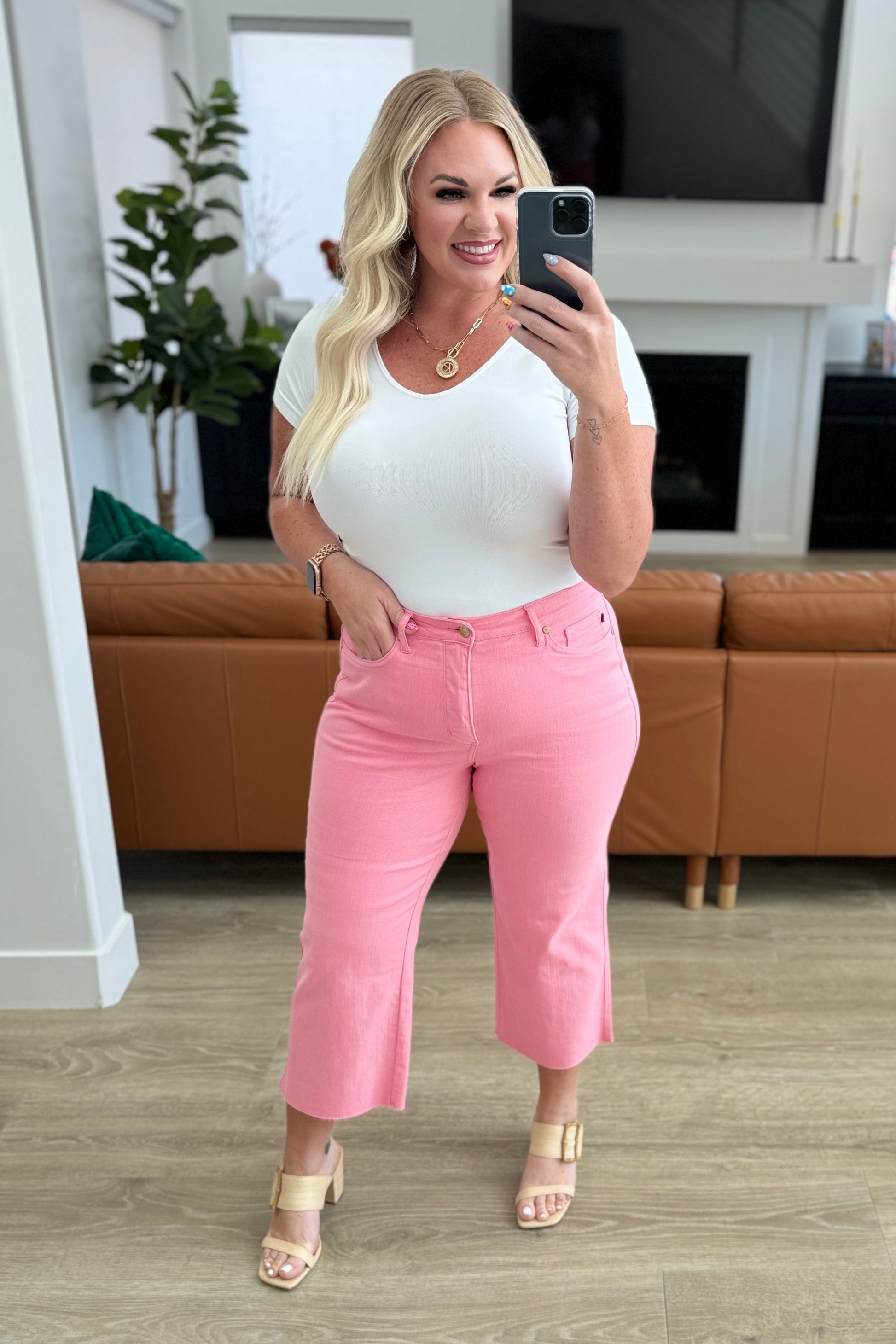 Lisa High Rise Control Top Wide Leg Crop Jeans in Pink - Southern Chic Magnolias, LLC