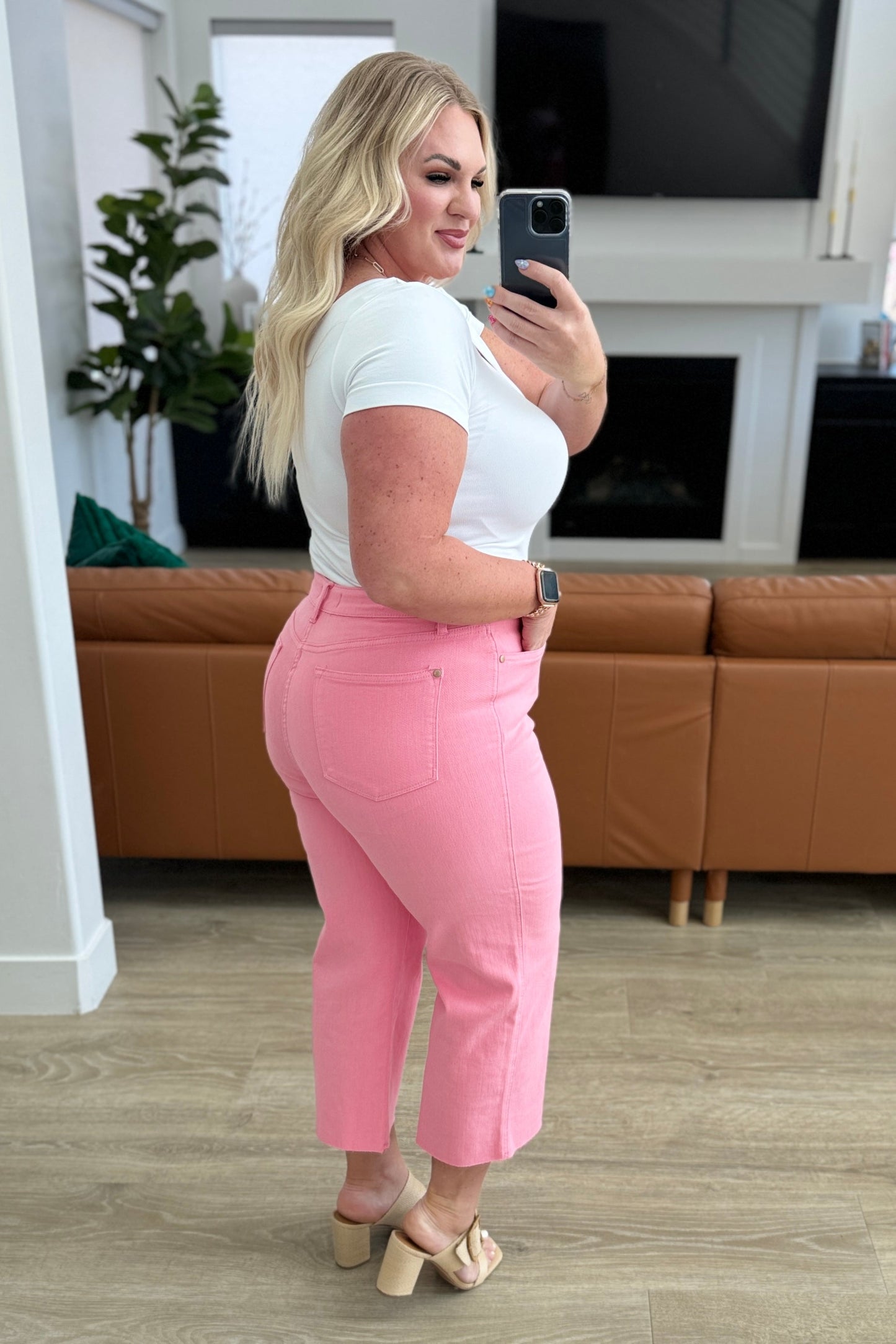 Lisa High Rise Control Top Wide Leg Crop Jeans in Pink - Southern Chic Magnolias, LLC