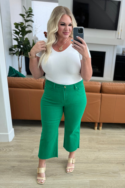 Lisa High Rise Control Top Wide Leg Crop Jeans in Kelly Green - Southern Chic Magnolias, LLC