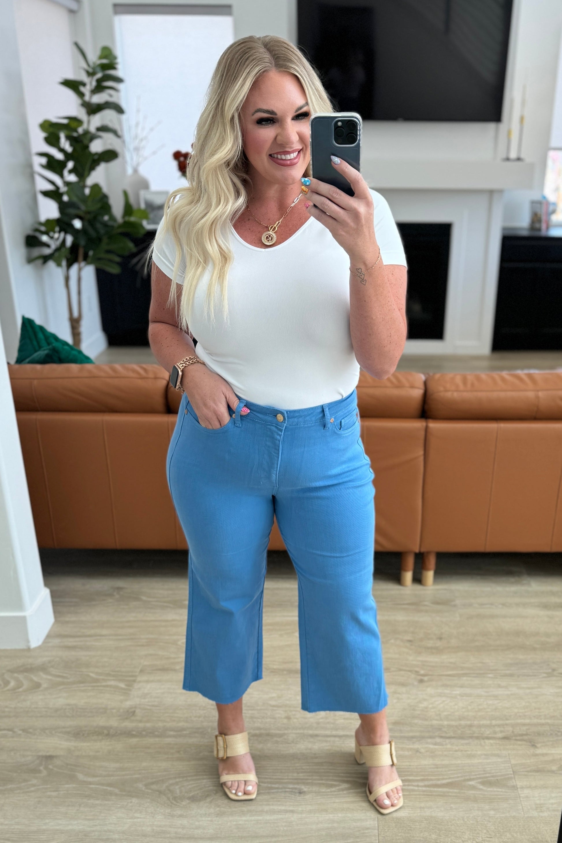 Lisa High Rise Control Top Wide Leg Crop Jeans in Sky Blue - Southern Chic Magnolias, LLC