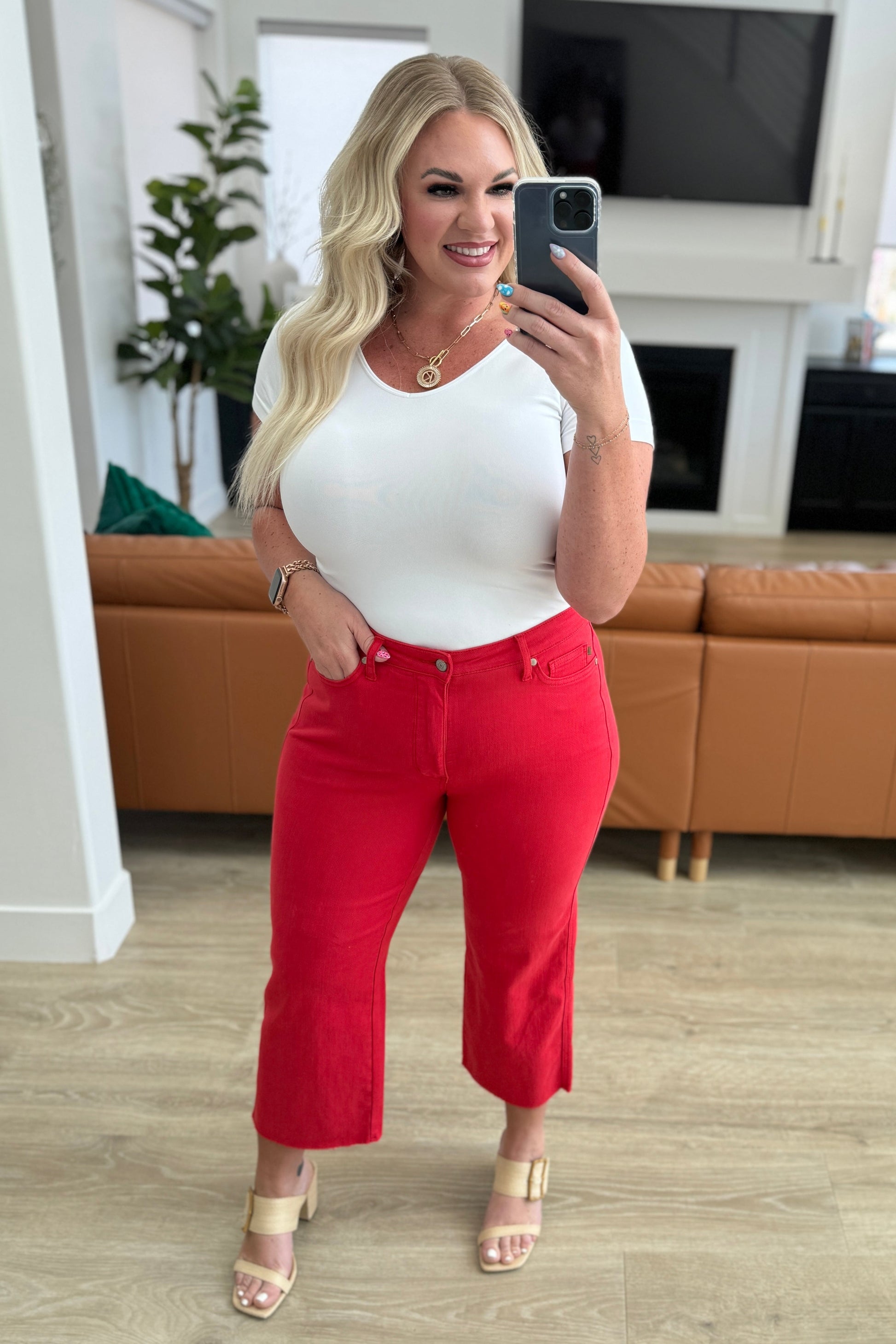 Lisa High Rise Control Top Wide Leg Crop Jeans in Red - Southern Chic Magnolias, LLC