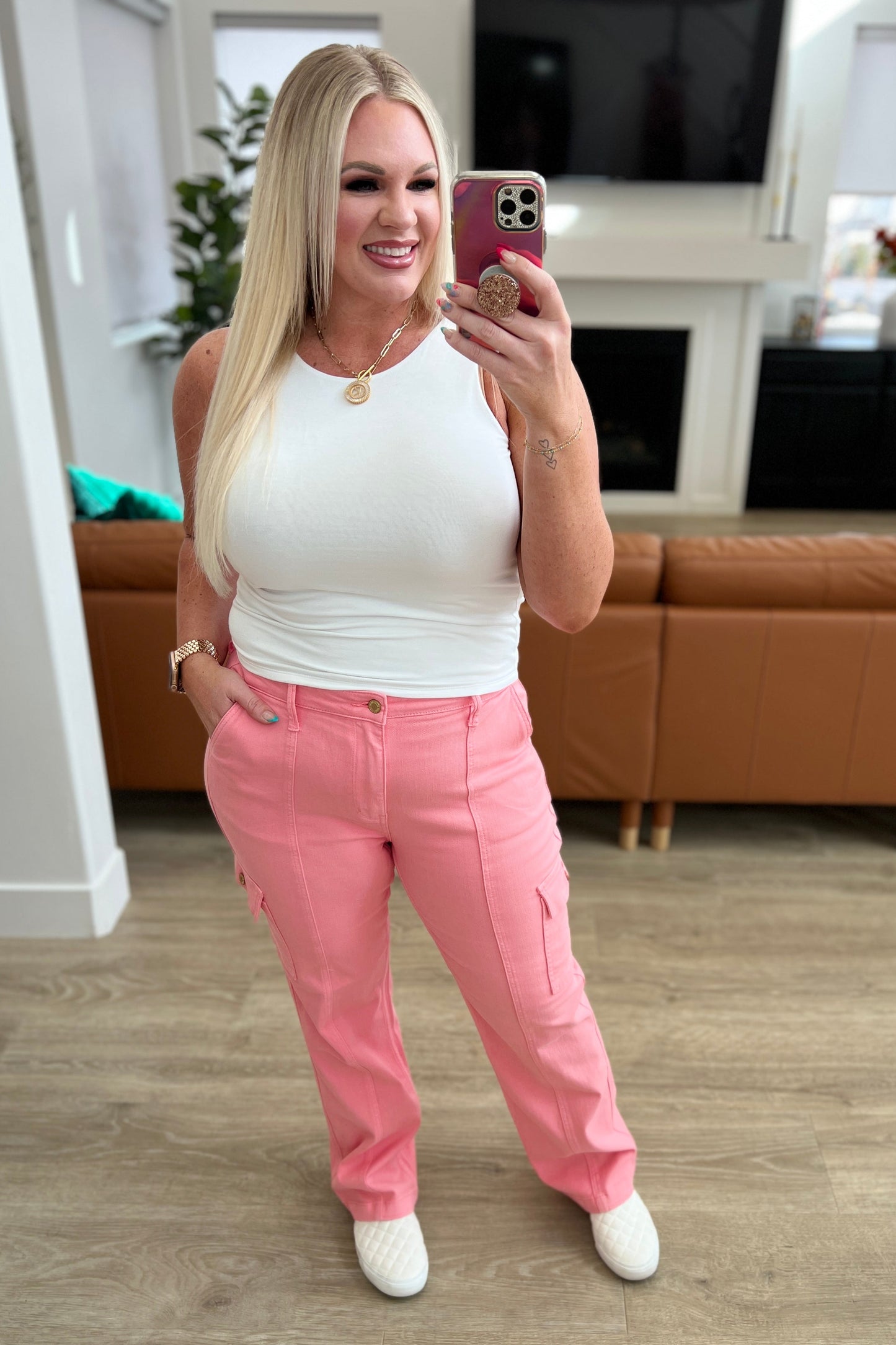 Peggy High Rise Cargo Straight Jeans in Pink - Southern Chic Magnolias, LLC