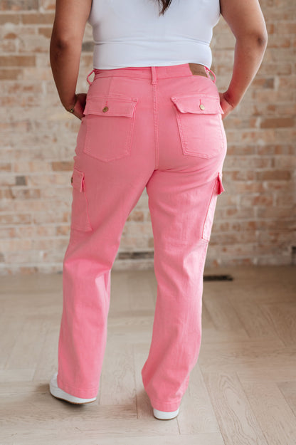 Peggy High Rise Cargo Straight Jeans in Pink - Southern Chic Magnolias, LLC