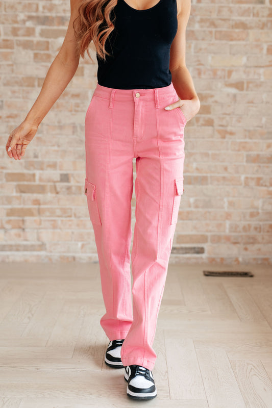 Peggy High Rise Cargo Straight Jeans in Pink - Southern Chic Magnolias, LLC