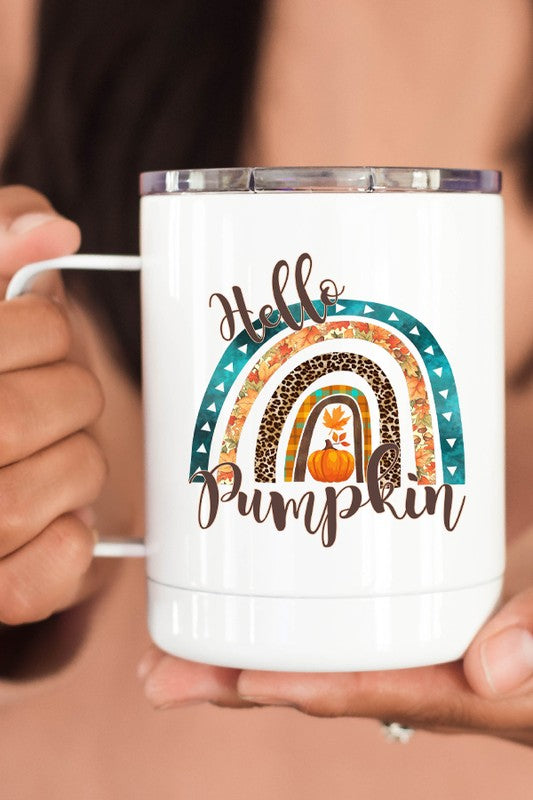 Fall Hello Pumpkin Blue Rainbow Coffee Travel Cup