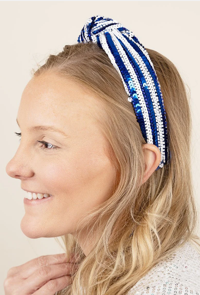 BLUE AND WHITE SEQUIN AND SEED BEAD KNOTTED HEADBAND - Southern Chic Magnolias, LLC