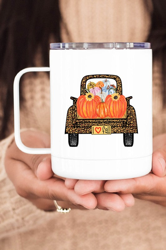 I Love Fall Leopard Truck Pumpkin Travel Cup